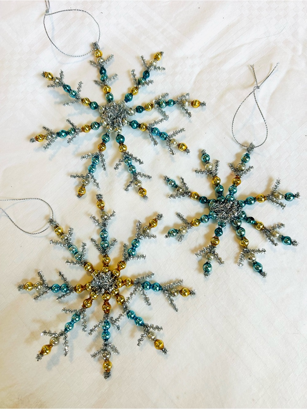 3 Vintage repurposed holiday Christmas glass garland bead snow flake ornaments